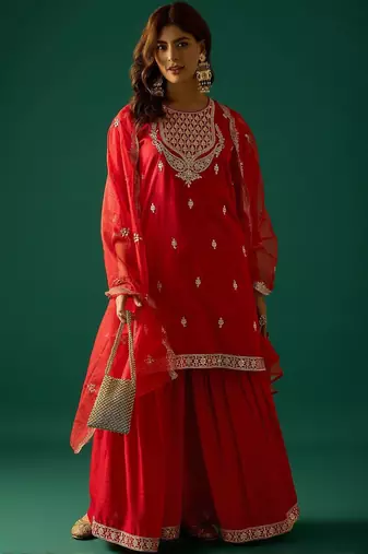 Ethnic Motifs Embroidered Zari Kurta With Sharara & Dupatta