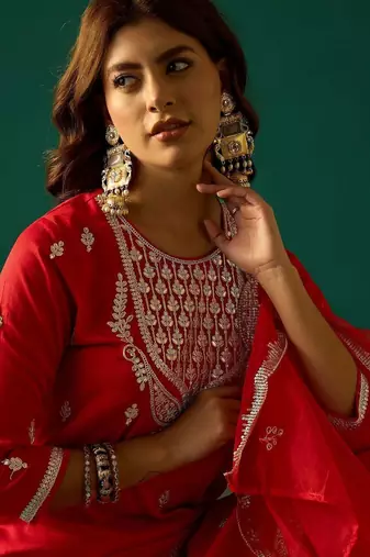 Ethnic Motifs Embroidered Zari Kurta With Sharara & Dupatta