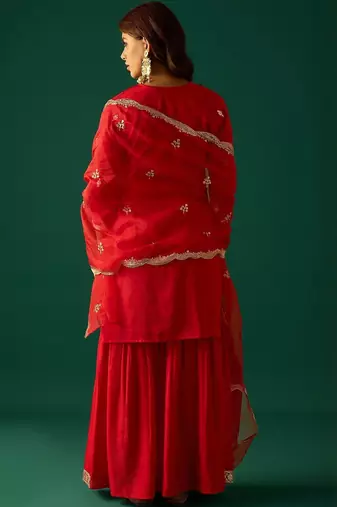 Ethnic Motifs Embroidered Zari Kurta With Sharara & Dupatta