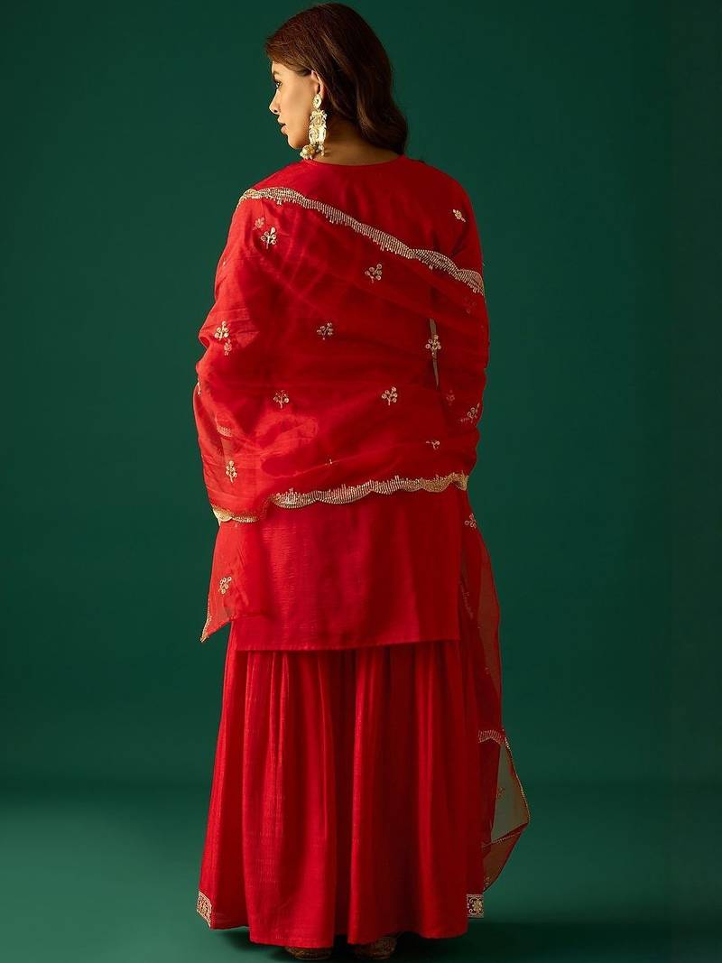 Ethnic Motifs Embroidered Zari Kurta With Sharara & Dupatta