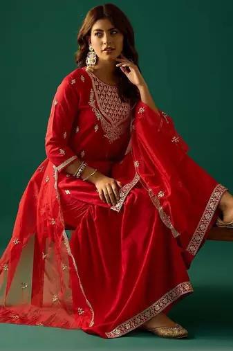 Ethnic Motifs Embroidered Zari Kurta With Sharara & Dupatta