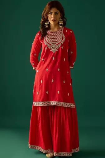 Ethnic Motifs Embroidered Zari Kurta With Sharara & Dupatta
