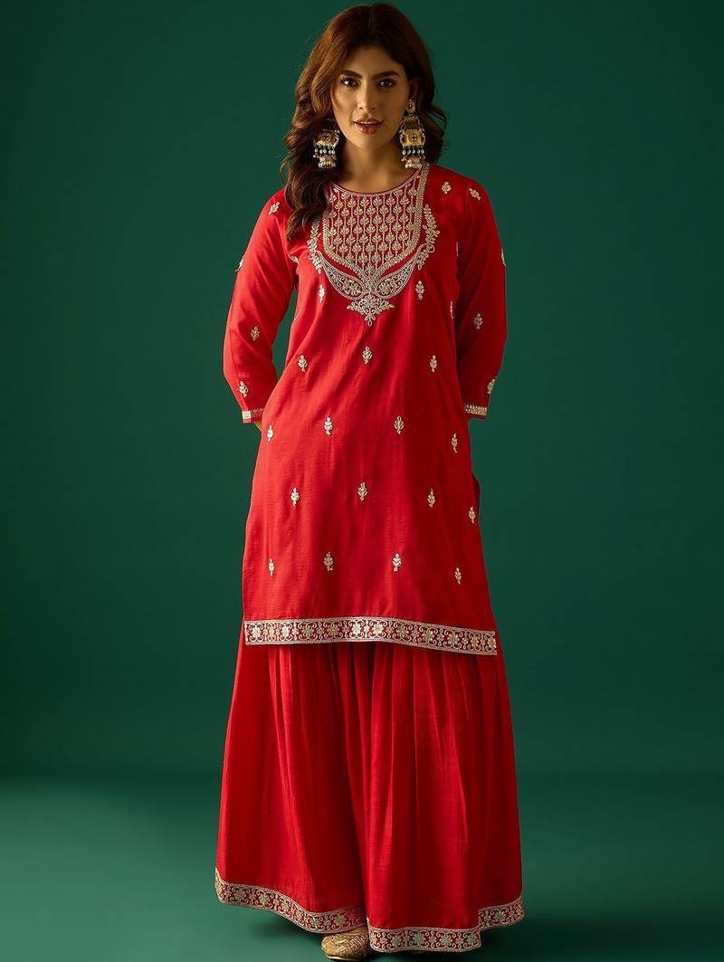 Ethnic Motifs Embroidered Zari Kurta With Sharara & Dupatta
