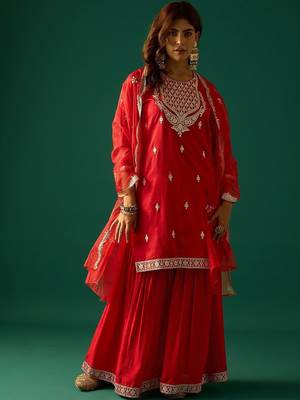 Ethnic Motifs Embroidered Zari Kurta With Sharara & Dupatta 6