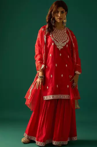 Ethnic Motifs Embroidered Zari Kurta With Sharara & Dupatta