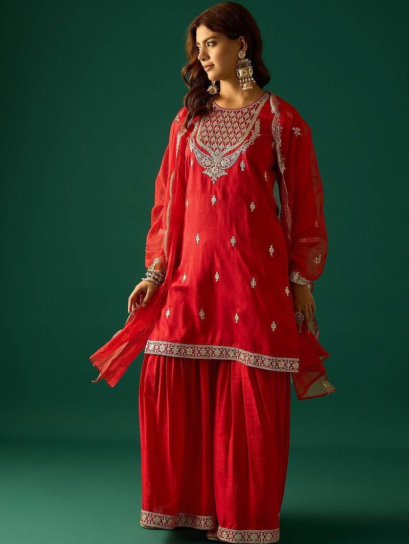 Ethnic Motifs Embroidered Zari Kurta With Sharara & Dupatta