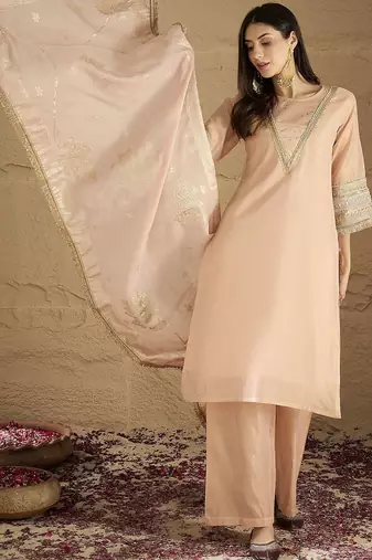 Women Solid Kurta with Palazzo & Dupatta