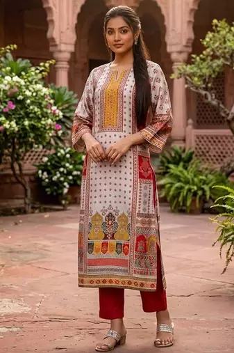 Women Ethnic Motifs Printed Regular Gotta Patti Chanderi Silk Kurta with Trousers