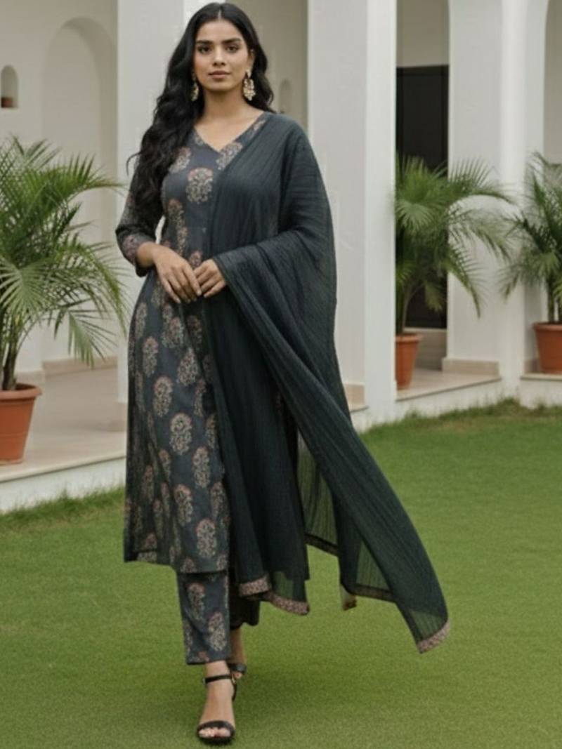 Women Ethnic Motifs Printed Regular Kurta with Trousers & With Dupatta