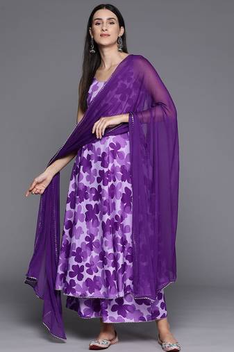 Women Floral Printed Empire Silk Crepe Kurta with Trousers & Dupatta