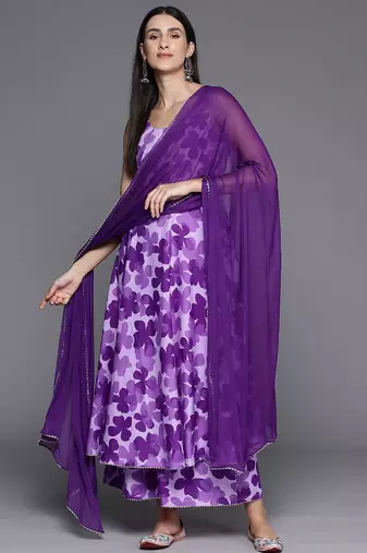 Women Floral Printed Empire Silk Crepe Kurta with Trousers & Dupatta