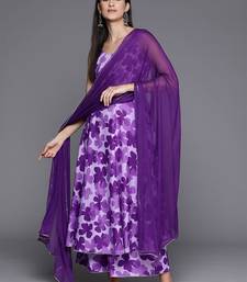 Women Floral Printed Empire Silk Crepe Kurta with Trousers & Dupatta
