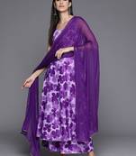 Women Floral Printed Empire Silk Crepe Kurta with Trousers & Dupatta