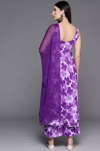 Women Floral Printed Empire Silk Crepe Kurta with Trousers & Dupatta