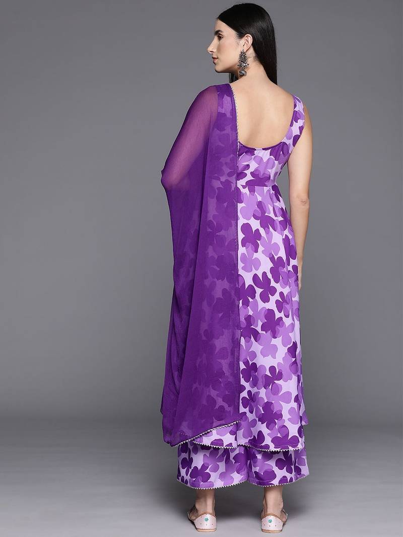 Women Floral Printed Empire Silk Crepe Kurta with Trousers & Dupatta
