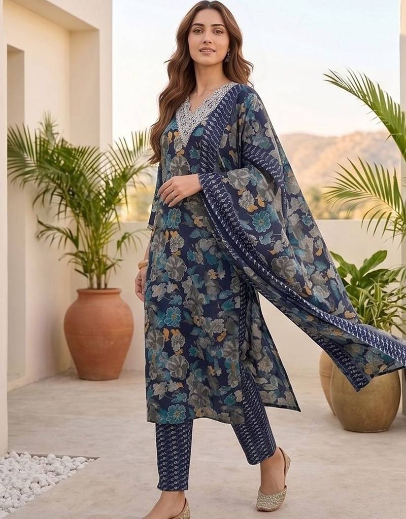Women Floral Printed Regular Thread Work Kurta with Trousers & With Dupatta