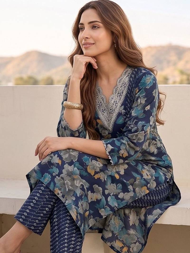 Women Floral Printed Regular Thread Work Kurta with Trousers & With Dupatta