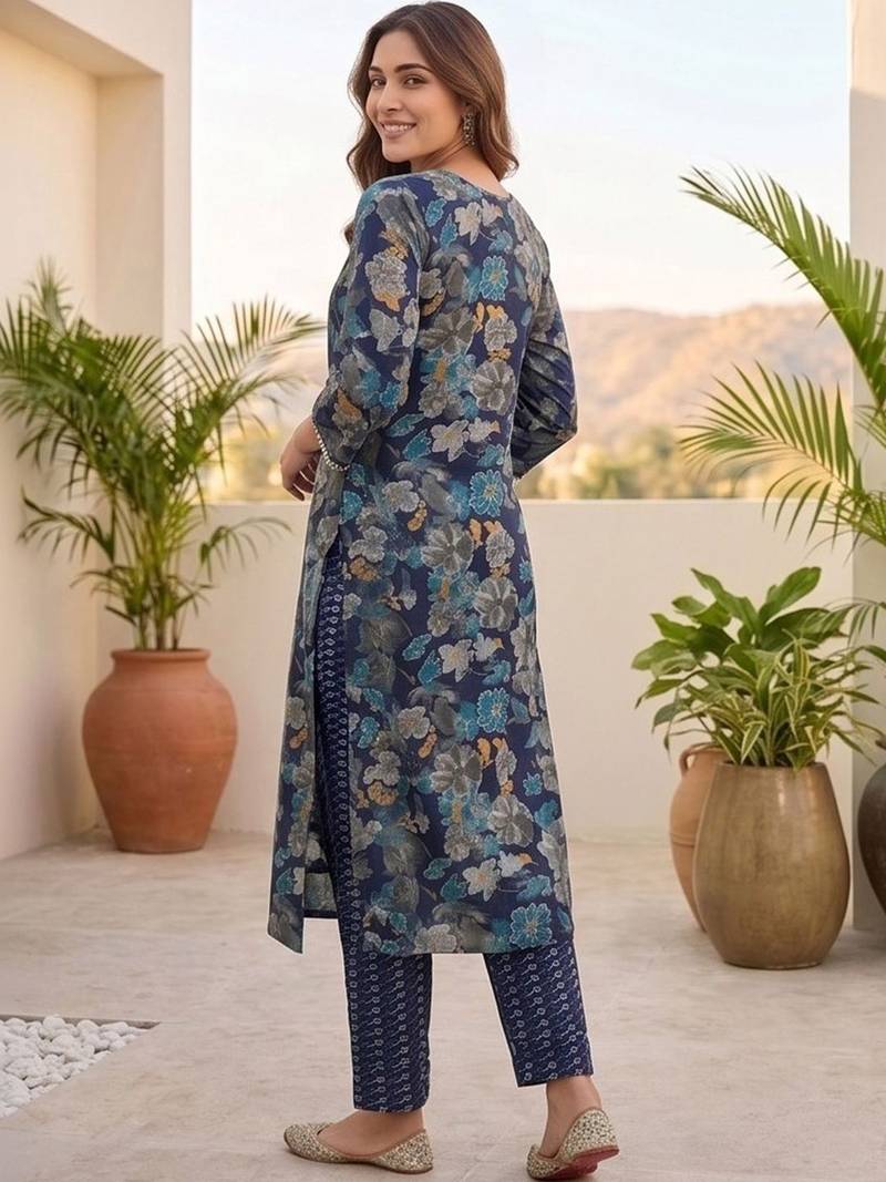 Women Floral Printed Regular Thread Work Kurta with Trousers & With Dupatta