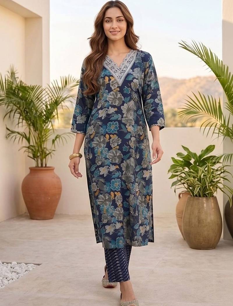 Women Floral Printed Regular Thread Work Kurta with Trousers & With Dupatta