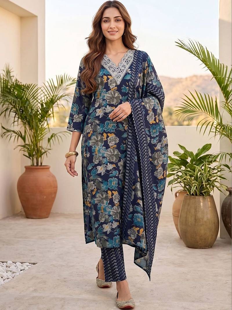 Women Floral Printed Regular Thread Work Kurta with Trousers & With Dupatta
