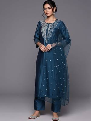Women Embroidered Regular Chanderi Silk Kurta with Trousers & With Dupatta 1