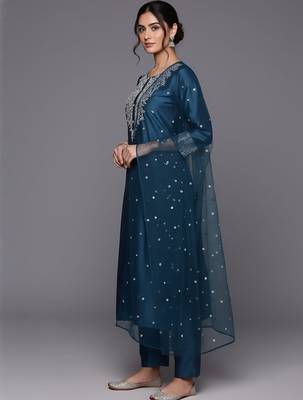 Women Embroidered Regular Chanderi Silk Kurta with Trousers & With Dupatta 4