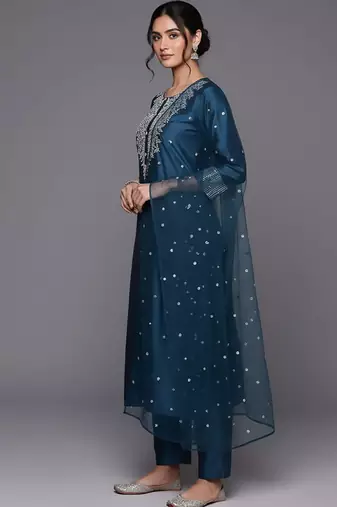Women Embroidered Regular Chanderi Silk Kurta with Trousers & With Dupatta