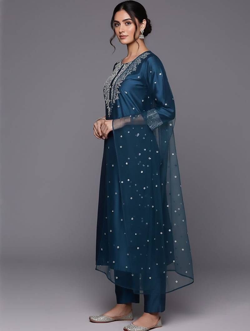 Women Embroidered Regular Chanderi Silk Kurta with Trousers & With Dupatta