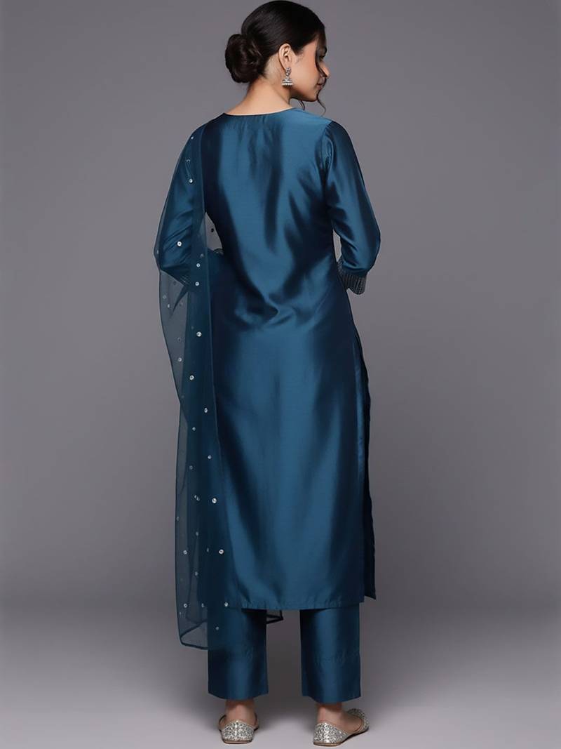Women Embroidered Regular Chanderi Silk Kurta with Trousers & With Dupatta