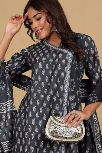 Floral Printed V-Neck Angrakha Straight Kurta With Salwar And Dupatta