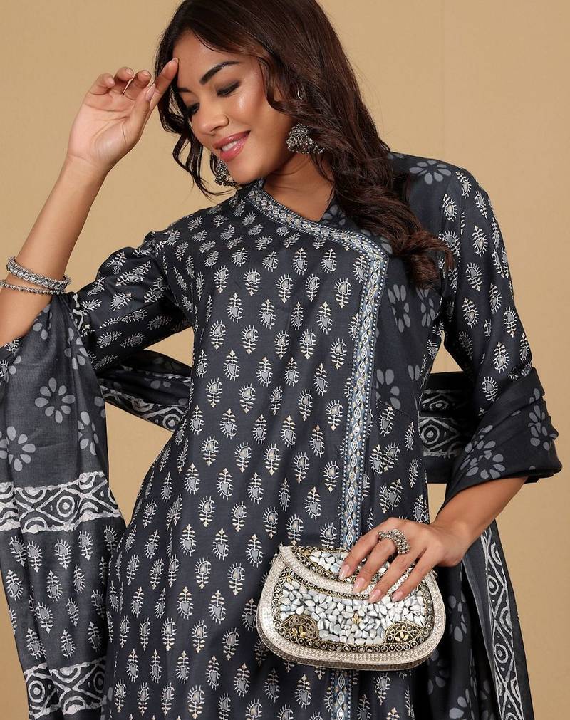 Floral Printed V-Neck Angrakha Straight Kurta With Salwar And Dupatta