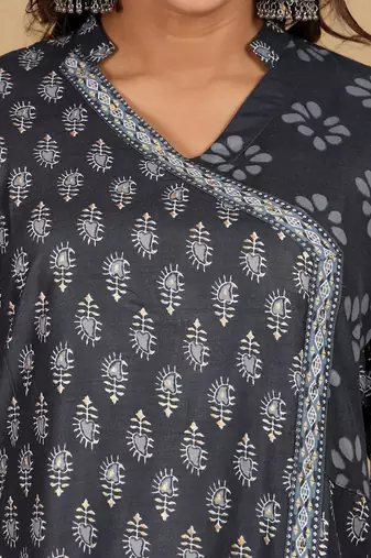 Floral Printed V-Neck Angrakha Straight Kurta With Salwar And Dupatta