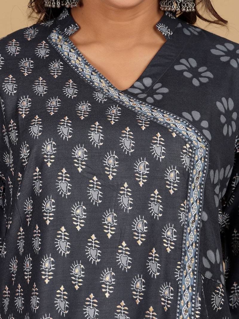 Floral Printed V-Neck Angrakha Straight Kurta With Salwar And Dupatta