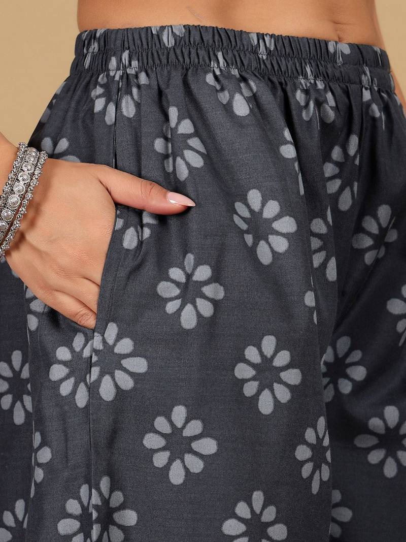 Floral Printed V-Neck Angrakha Straight Kurta With Salwar And Dupatta