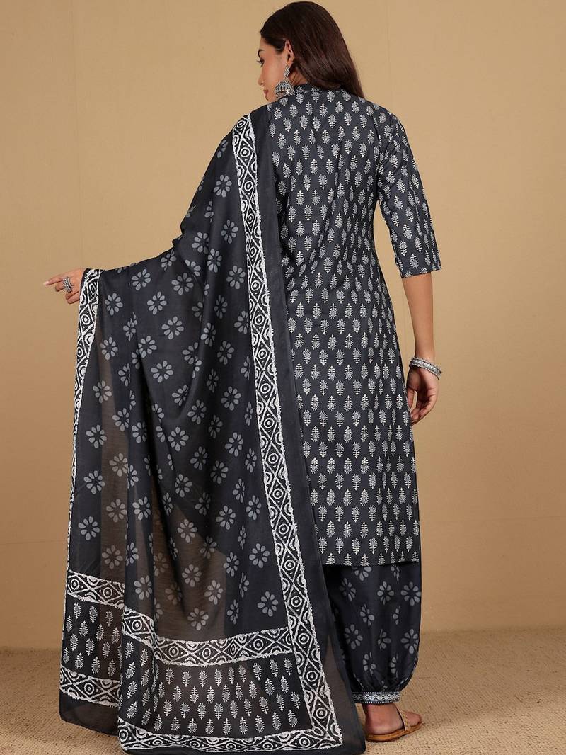Floral Printed V-Neck Angrakha Straight Kurta With Salwar And Dupatta