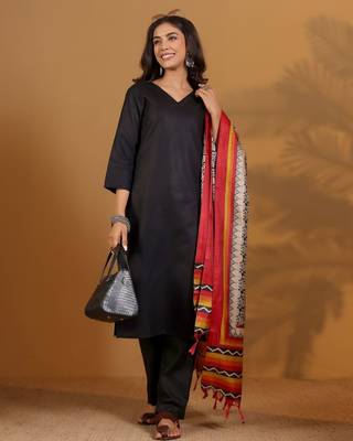 V-Neck Straight Kurta With Trousers And Dupatta 1