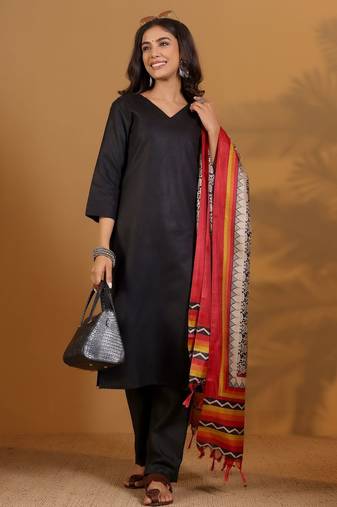 V-Neck Straight Kurta With Trousers And Dupatta