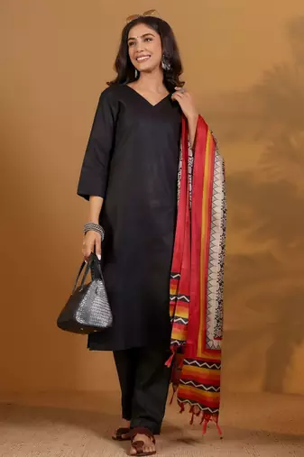 V-Neck Straight Kurta With Trousers And Dupatta