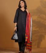 V-Neck Straight Kurta With Trousers And Dupatta