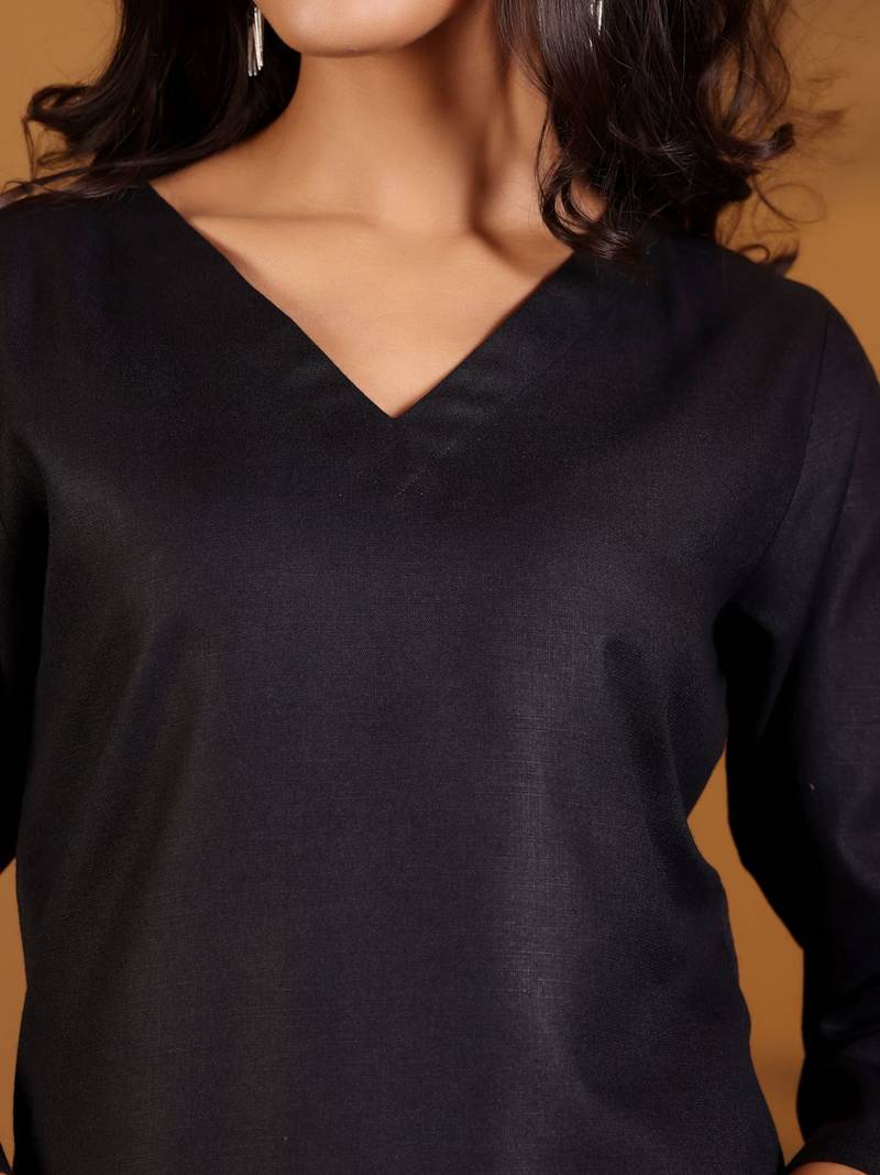 V-Neck Straight Kurta With Trousers And Dupatta