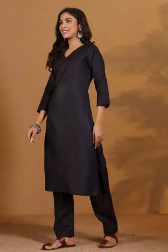 V-Neck Straight Kurta With Trousers And Dupatta