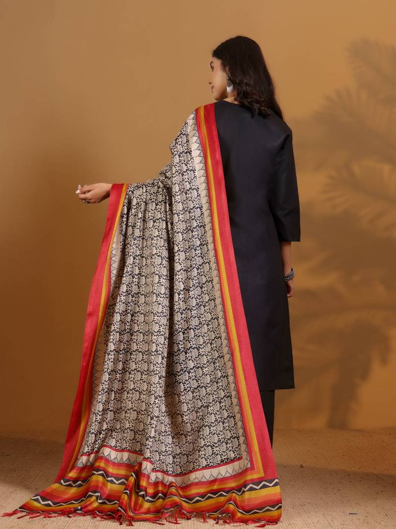 V-Neck Straight Kurta With Trousers And Dupatta