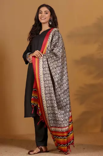 V-Neck Straight Kurta With Trousers And Dupatta