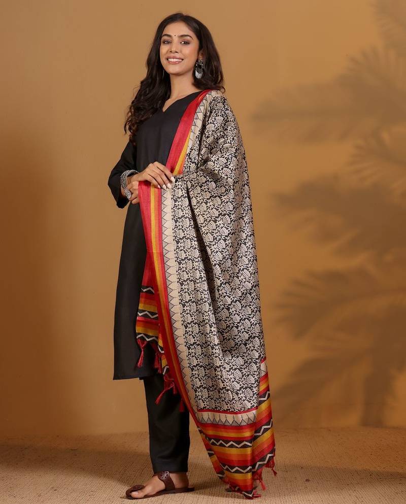 V-Neck Straight Kurta With Trousers And Dupatta