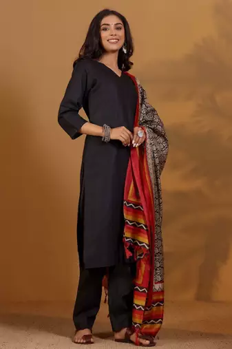 V-Neck Straight Kurta With Trousers And Dupatta