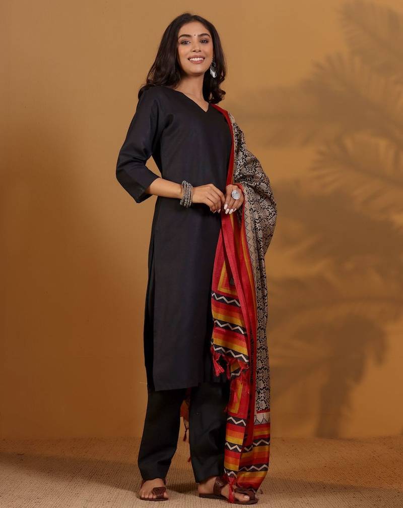 V-Neck Straight Kurta With Trousers And Dupatta