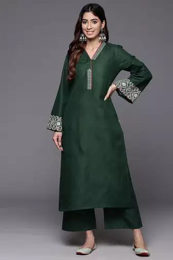 Thread Work V-Neck Flared Sleeves Straight Kurta With Trouser