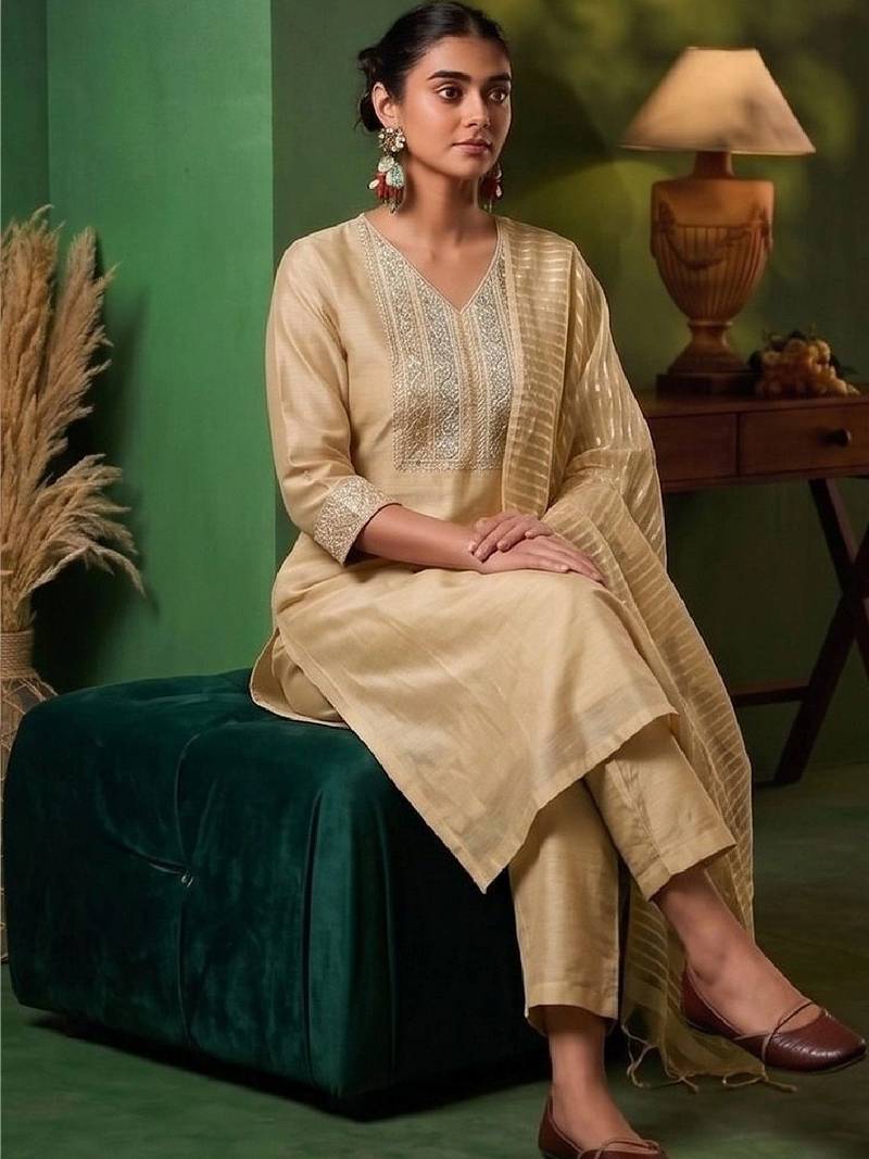 Women Ethnic Motifs Embroidered Regular Thread Work Kurta with Trousers & With Dupatta