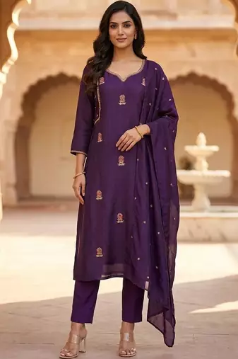 Women Ethnic Motifs Embroidered Regular Thread Work Kurta with Trousers & With Dupatta