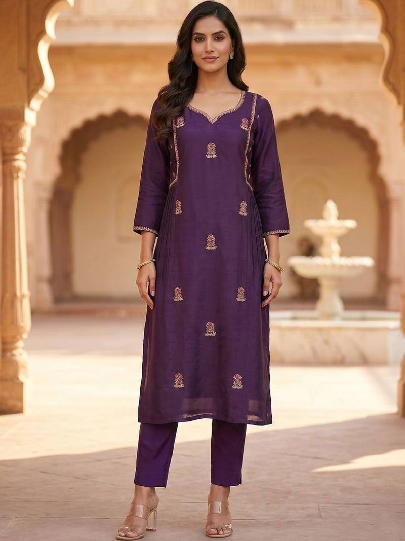 Women Ethnic Motifs Embroidered Regular Thread Work Kurta with Trousers & With Dupatta